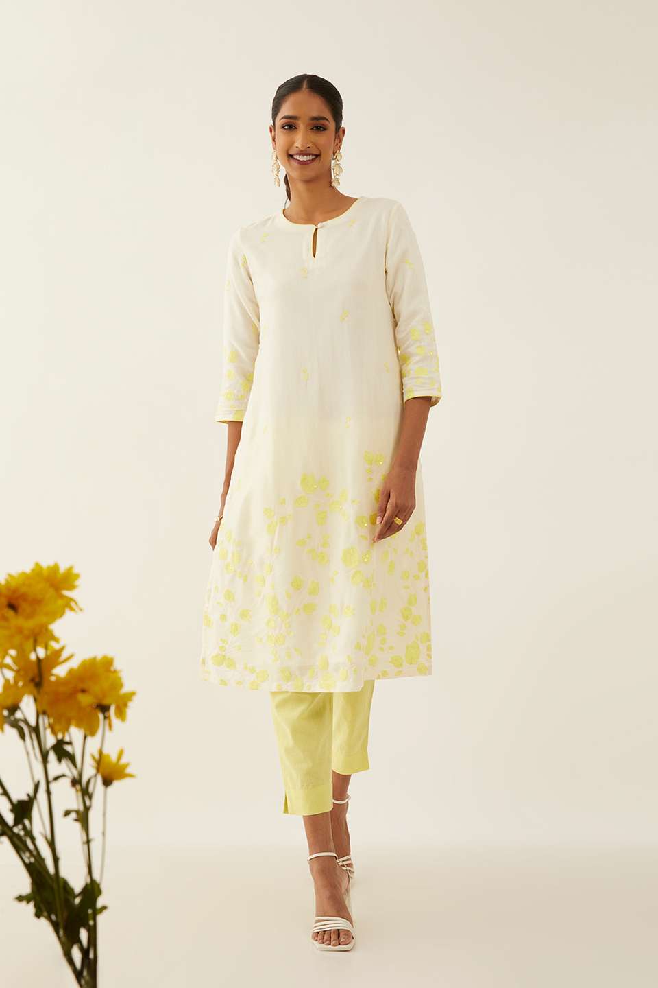 Off White Viscose Embroidered Kurta
