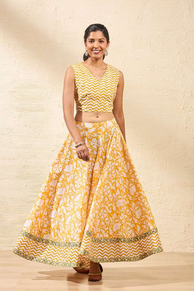 Yellow Rajasthan Block Printed Pure Cotton Lehenga thumbnail image number null
