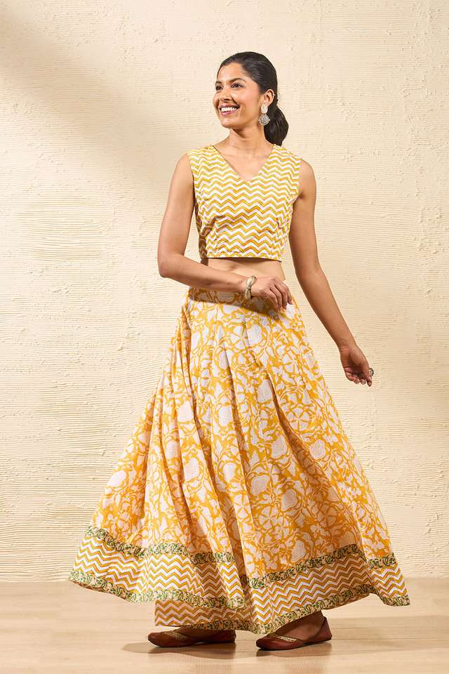 Yellow Rajasthan Block Printed Pure Cotton Lehenga thumbnail image number null