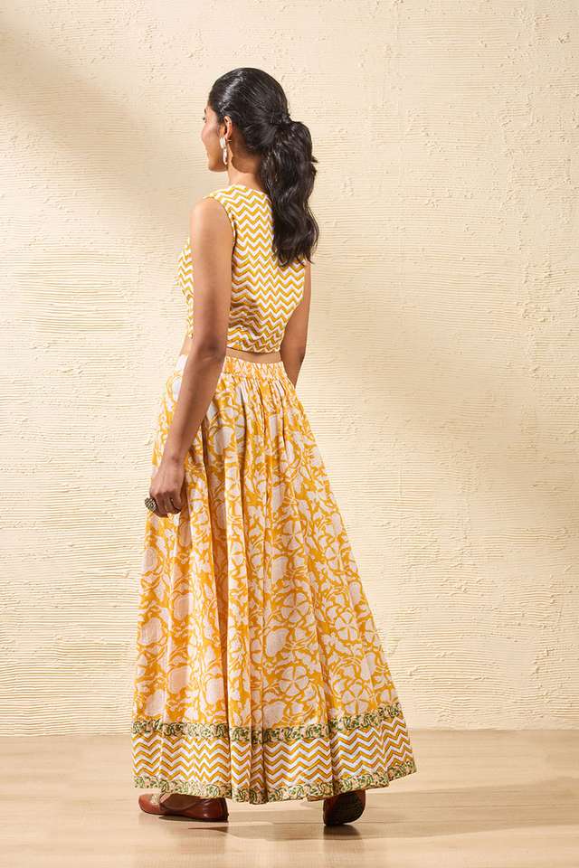 Yellow Rajasthan Block Printed Pure Cotton Lehenga thumbnail image number null