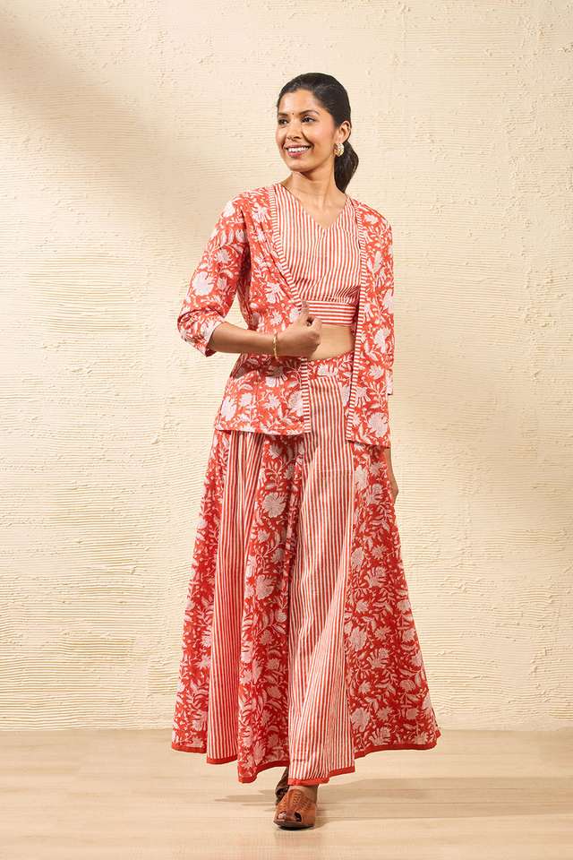 Orange Rajasthan Block Printed Pure Cotton Lehenga thumbnail image number null