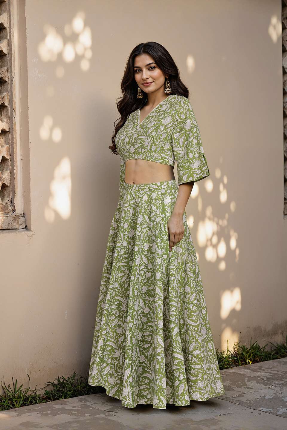 Light Green Rajasthan Block Printed Pure Cotton Lehenga