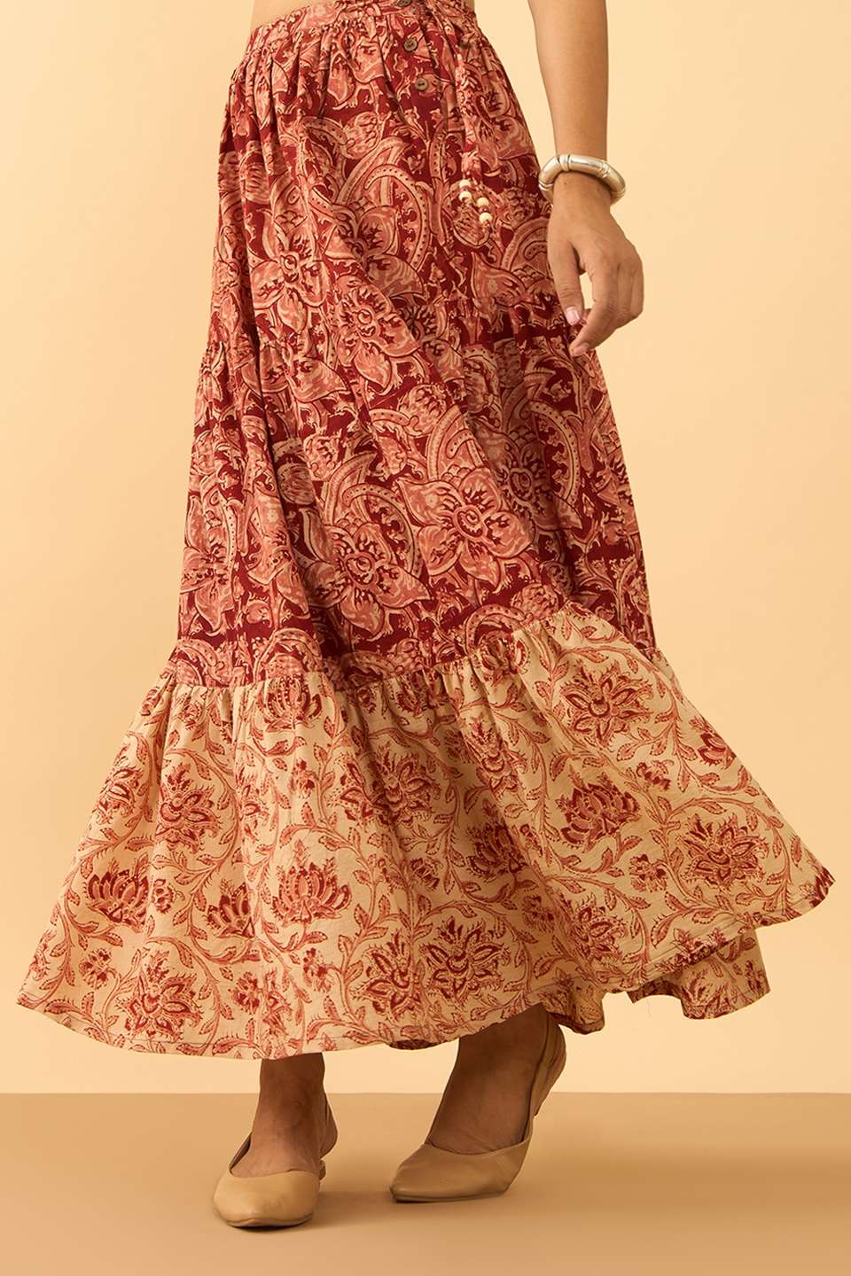 Dark Red Printed Kalamkari Pure Cotton Ethnic Skirt