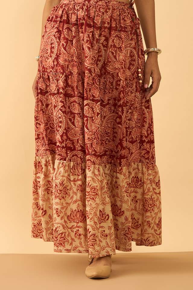 Dark Red Printed Kalamkari Pure Cotton Ethnic Skirt thumbnail image number null