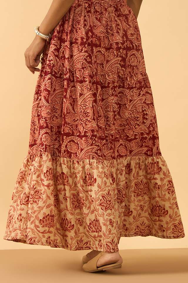 Dark Red Printed Kalamkari Pure Cotton Ethnic Skirt thumbnail image number null