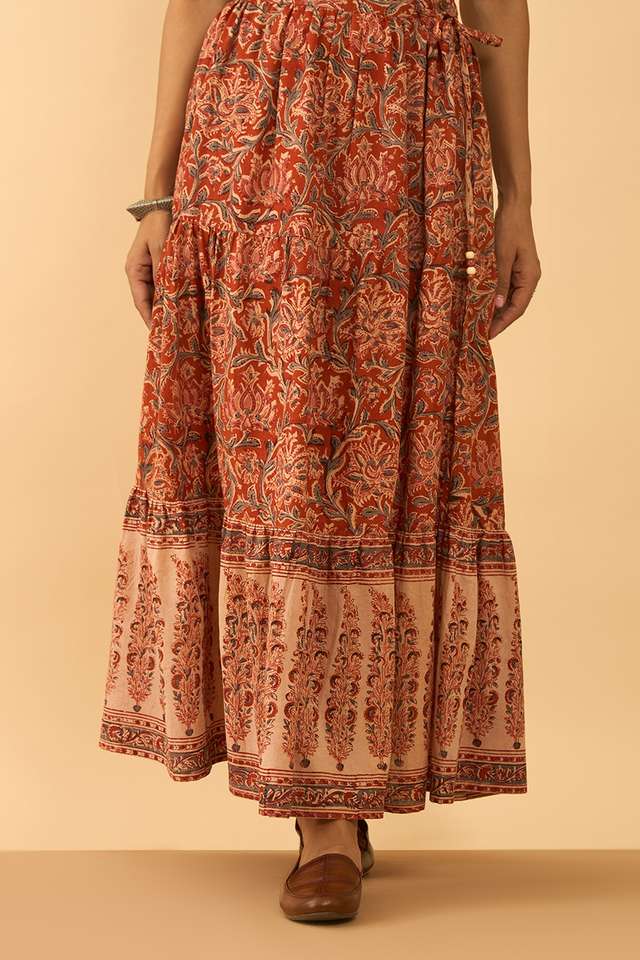 Orange Printed Kalamkari Pure Cotton Ethnic Skirt thumbnail image number null