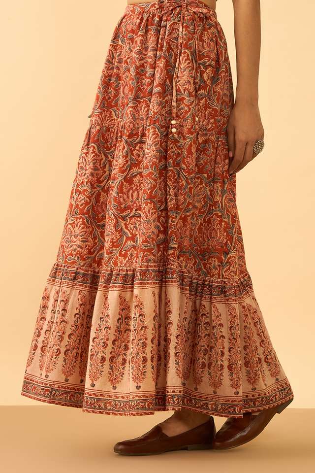 Orange Printed Kalamkari Pure Cotton Ethnic Skirt thumbnail image number null