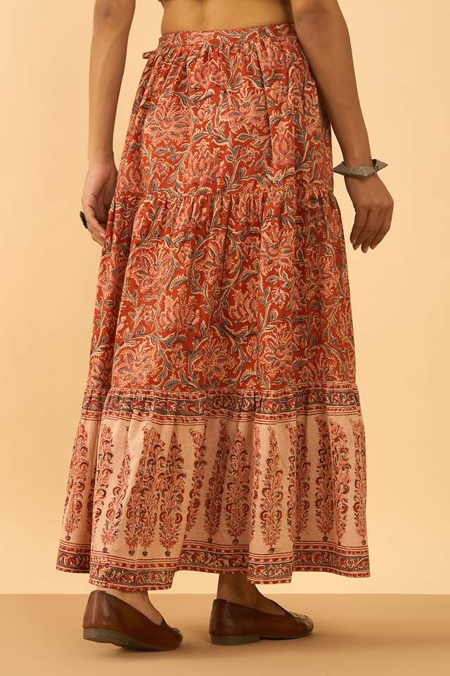Orange Printed Kalamkari Pure Cotton Ethnic Skirt thumbnail image number null