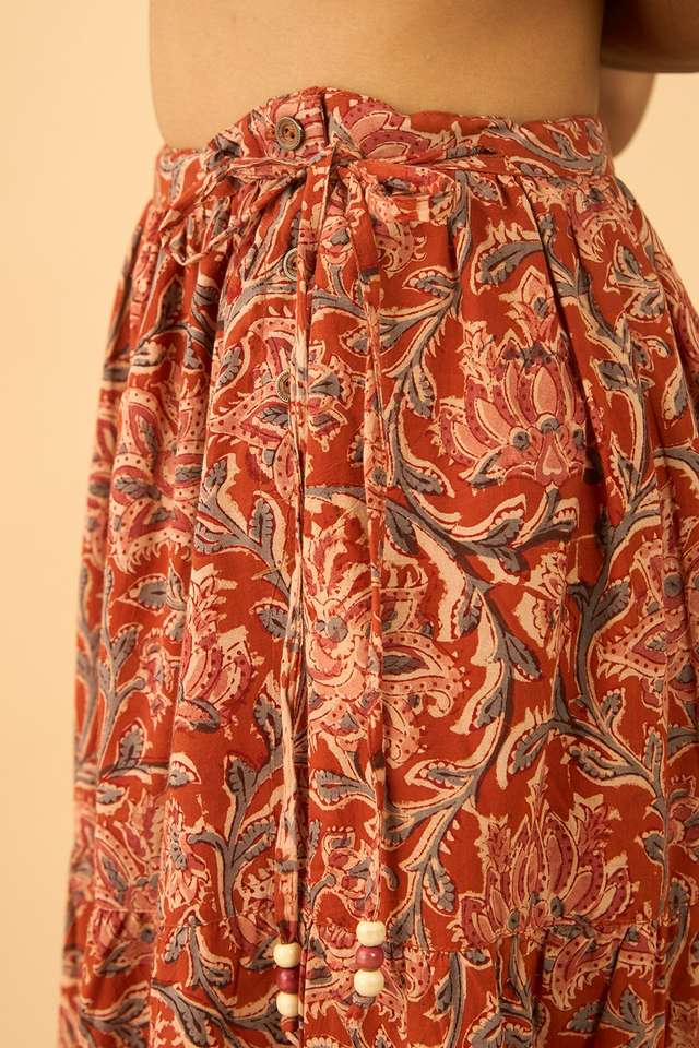 Orange Printed Kalamkari Pure Cotton Ethnic Skirt thumbnail image number null