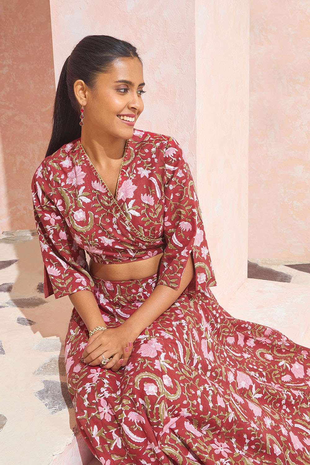 Red Block Printed Pure Cotton Lehenga image number null