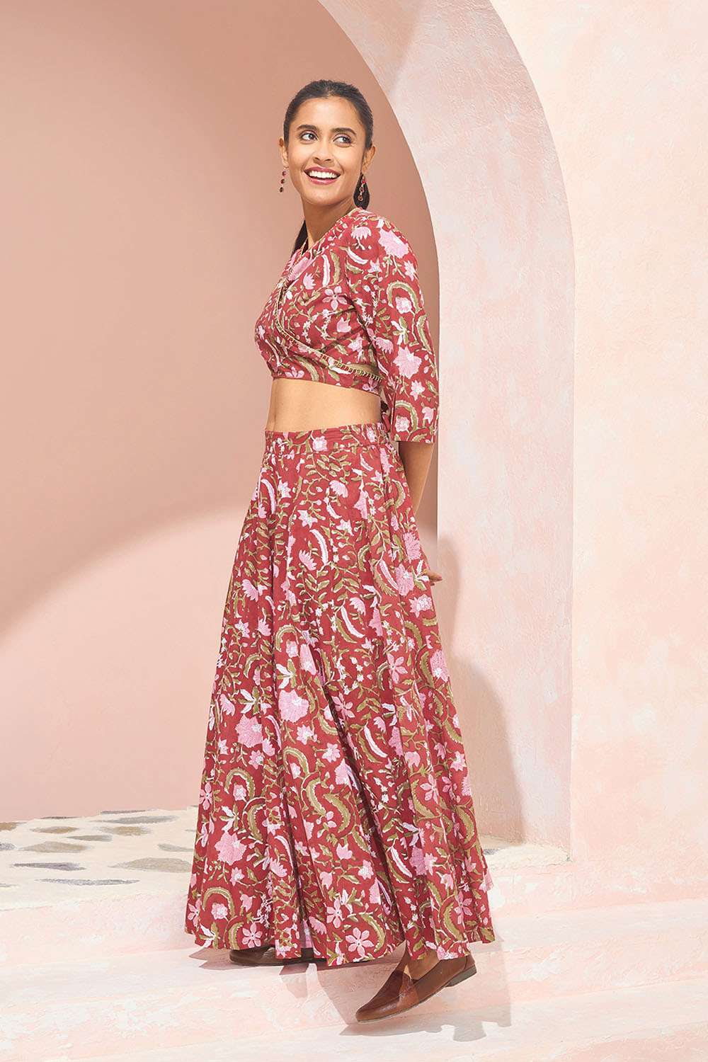 Red Block Printed Pure Cotton Lehenga image number null