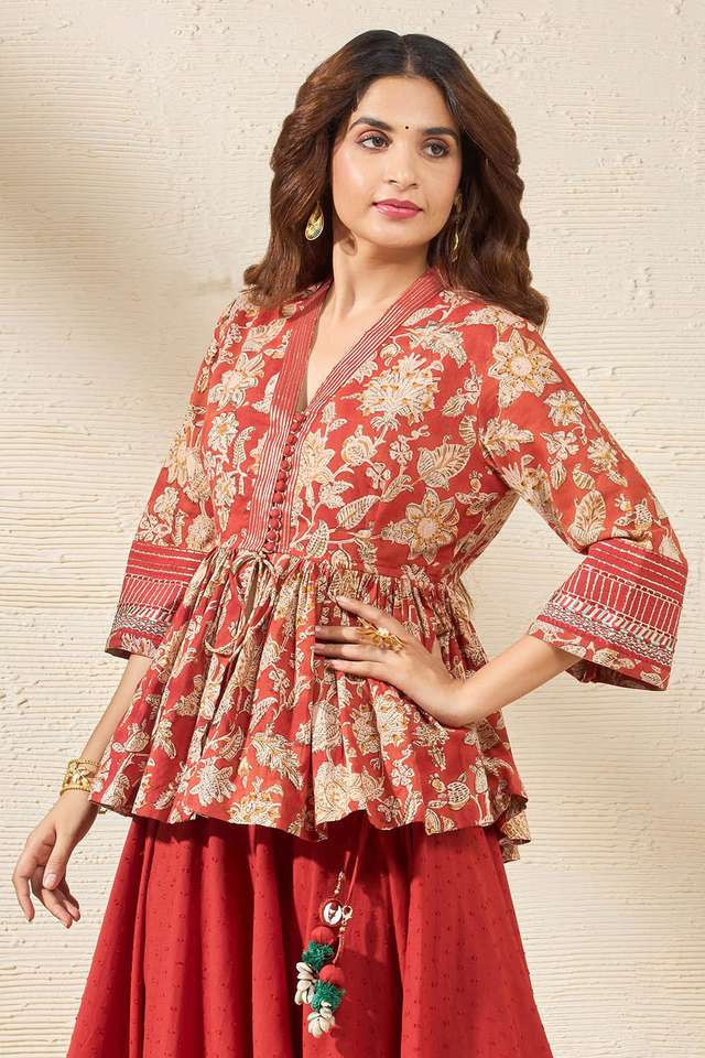 Red Rajasthan Pure Cotton Printed Sanganeri Lehenga thumbnail image number null