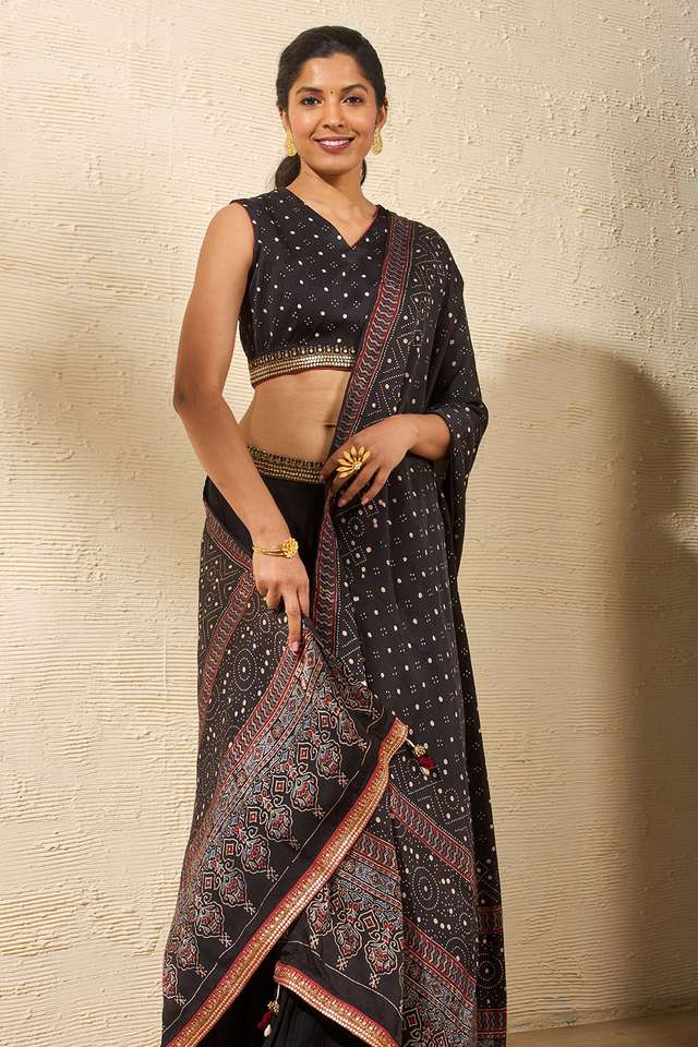 Black Viscose Ajrakh Lehenga thumbnail image number null