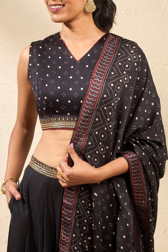 Black Viscose Ajrakh Lehenga thumbnail image number null