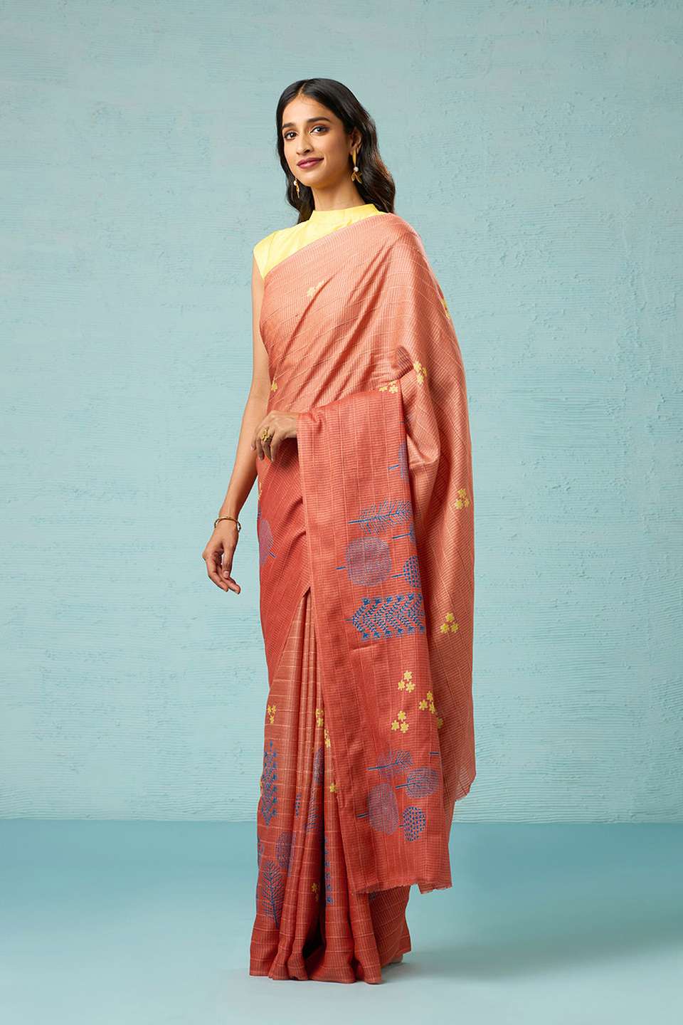 Orange Chattisgarh Block Printed Pure Tussar Silk Saree