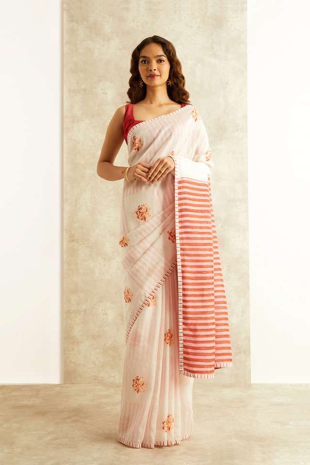 White Block Printed Viscose Luxe Rajasthan Saree thumbnail image number null