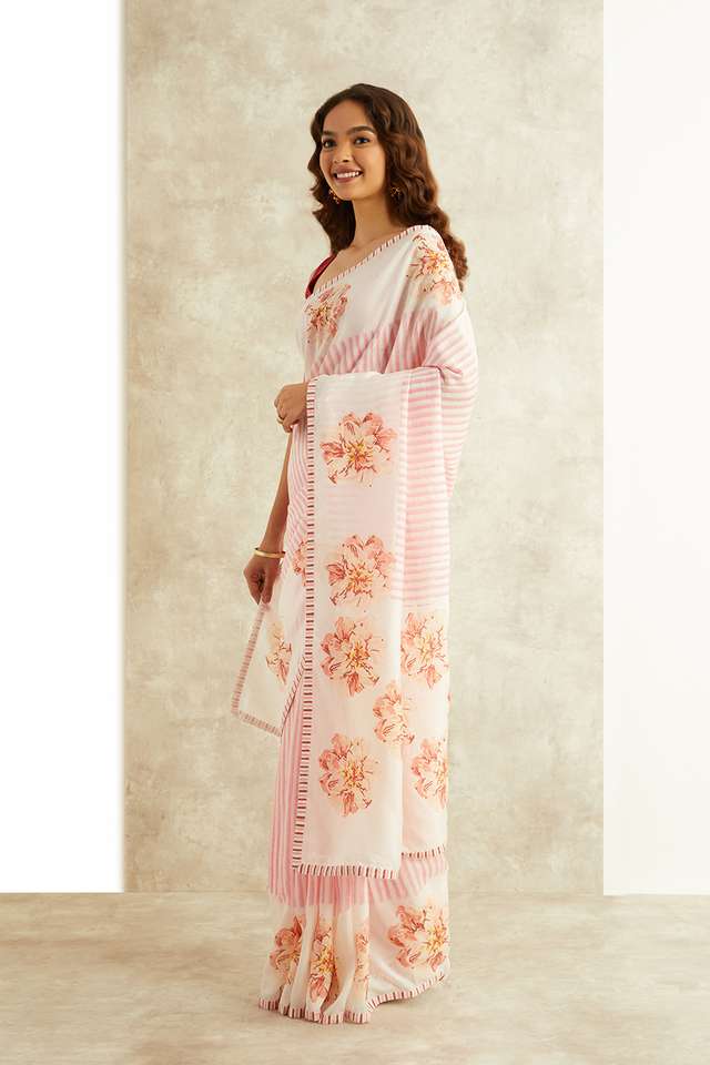 White Block Printed Viscose Luxe Rajasthan Saree thumbnail image number null