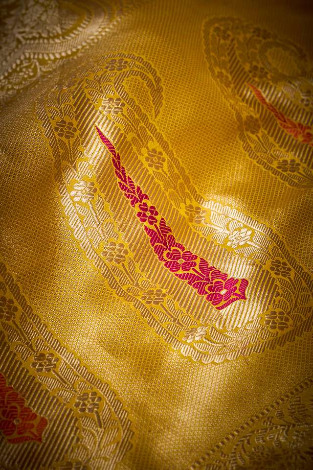 Yellow Pure Silk Kadwa Banarasi Saree thumbnail image number null