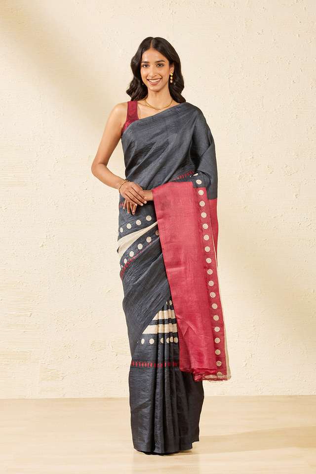 Black Chattisgarh Pure Tussar Silk Hand Painted Saree thumbnail image number null