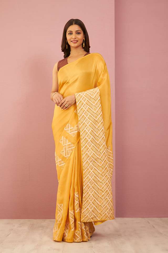 Yellow Pure Tissue Organza Printed Embroidery Saree thumbnail image number null