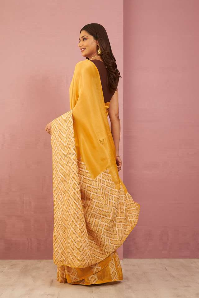 Yellow Pure Tissue Organza Printed Embroidery Saree thumbnail image number null