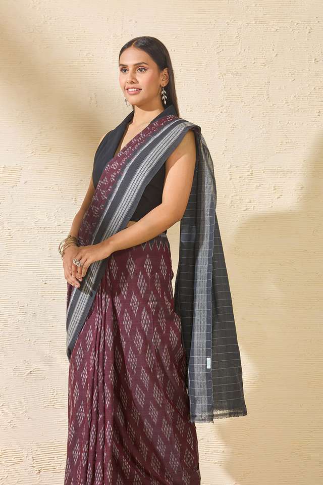 Dark Red Odisha Pure Cotton Ikat Saree image number