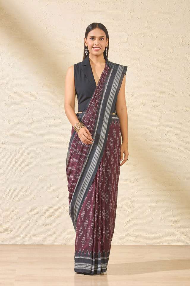 Dark Red Odisha Pure Cotton Ikat Saree thumbnail image number null