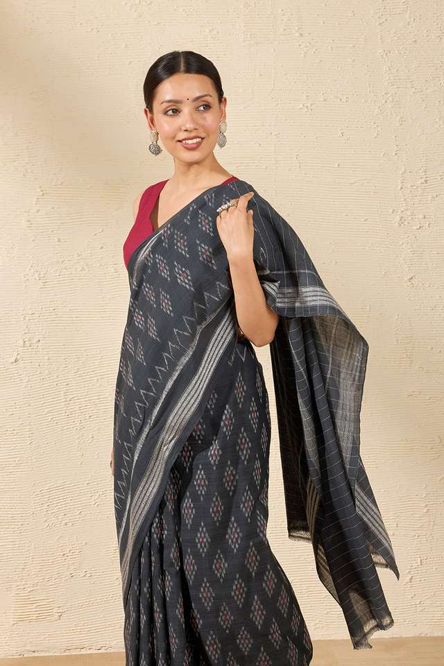 Black Odisha Pure Cotton Ikat Saree thumbnail image number null