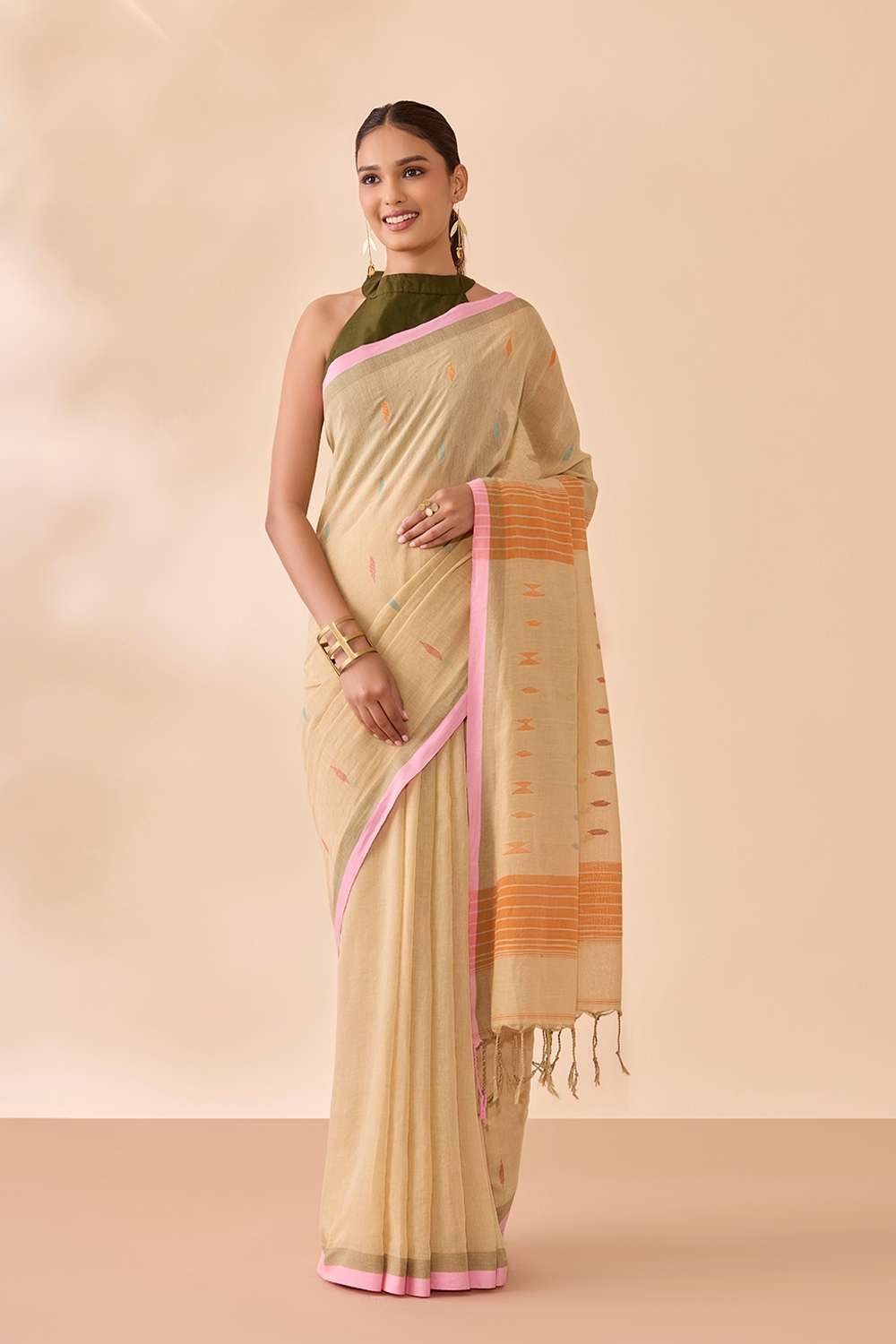 Beige Bengal Pure Cotton Jamdani Saree image number null