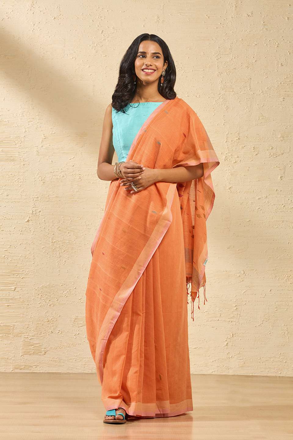 Orange Bengal Pure Cotton Jamdani Saree