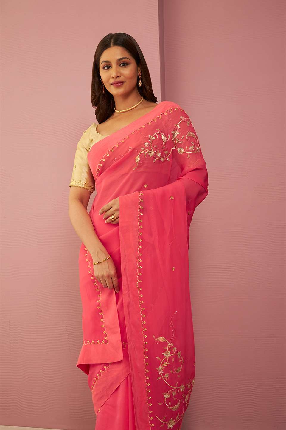 Pink Viscose Organza Gota Patti Saree
