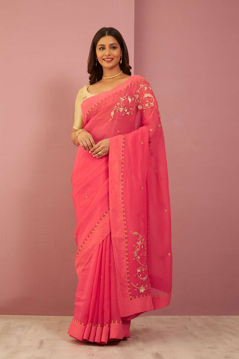 Pink Viscose Organza Gota Patti Saree image number null