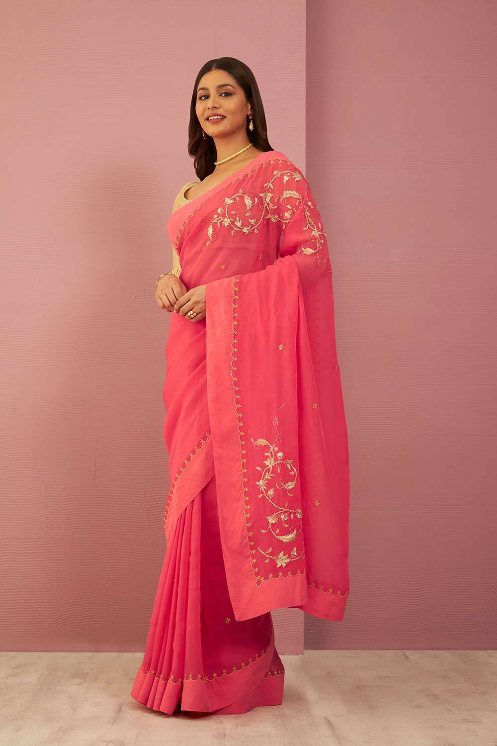 Pink Viscose Organza Gota Patti Saree image number null