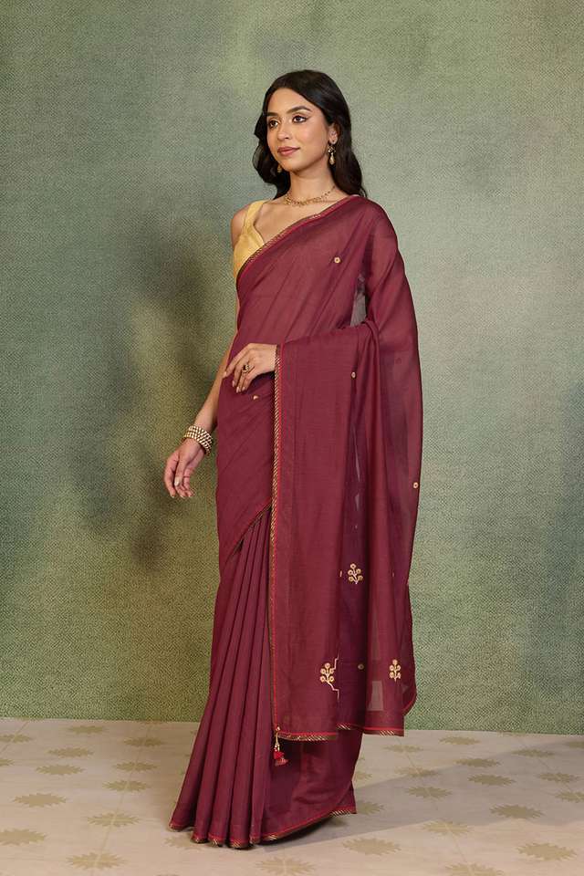 Dark Red Embroidered Pure Silk Cotton Saree thumbnail image number null