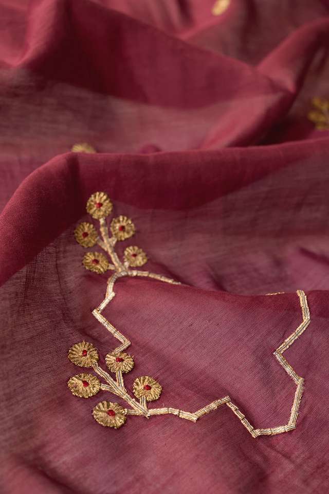 Dark Red Embroidered Pure Silk Cotton Saree thumbnail image number null