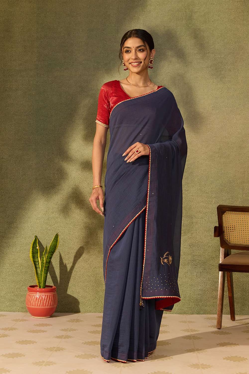 Dark Blue Pure Silk Cotton Embroidered Saree image number null