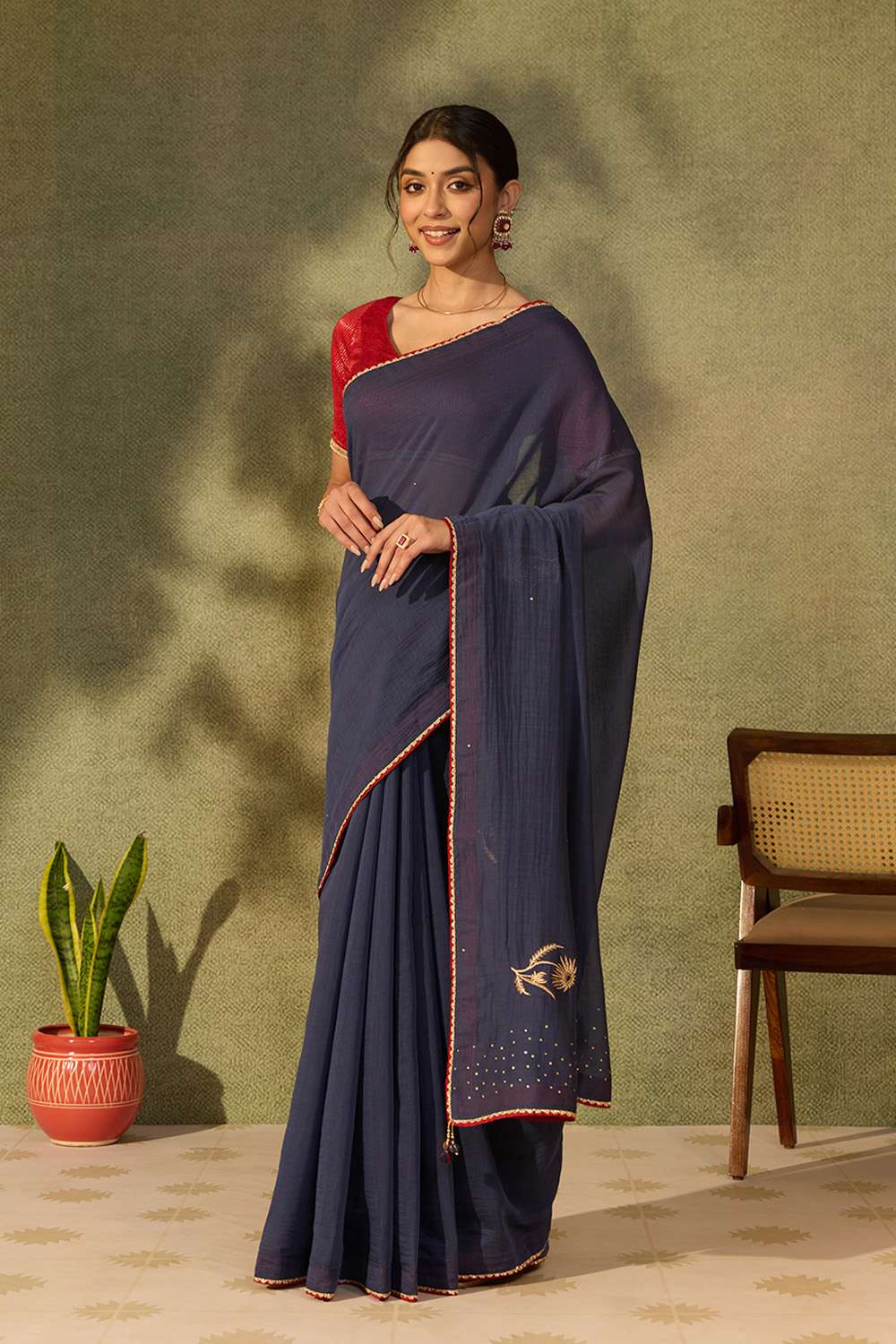 Dark Blue Pure Silk Cotton Embroidered Saree image number null
