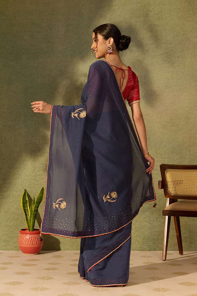 Dark Blue Pure Silk Cotton Embroidered Saree thumbnail image number null