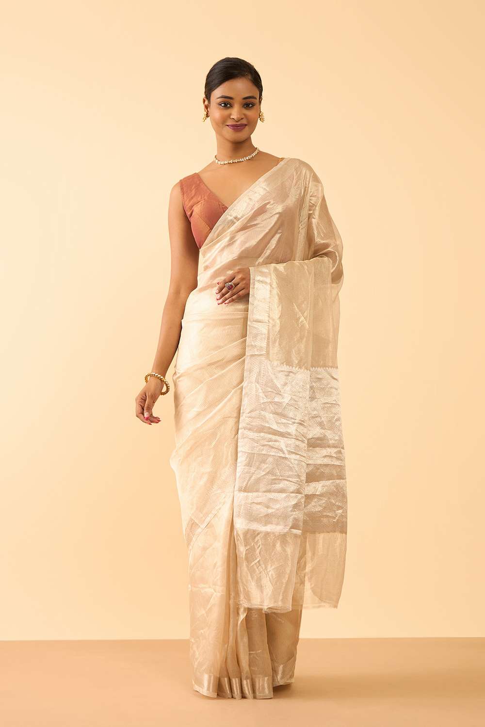 Off White Pure Tissue Organza Woven Banaras Saree image number null
