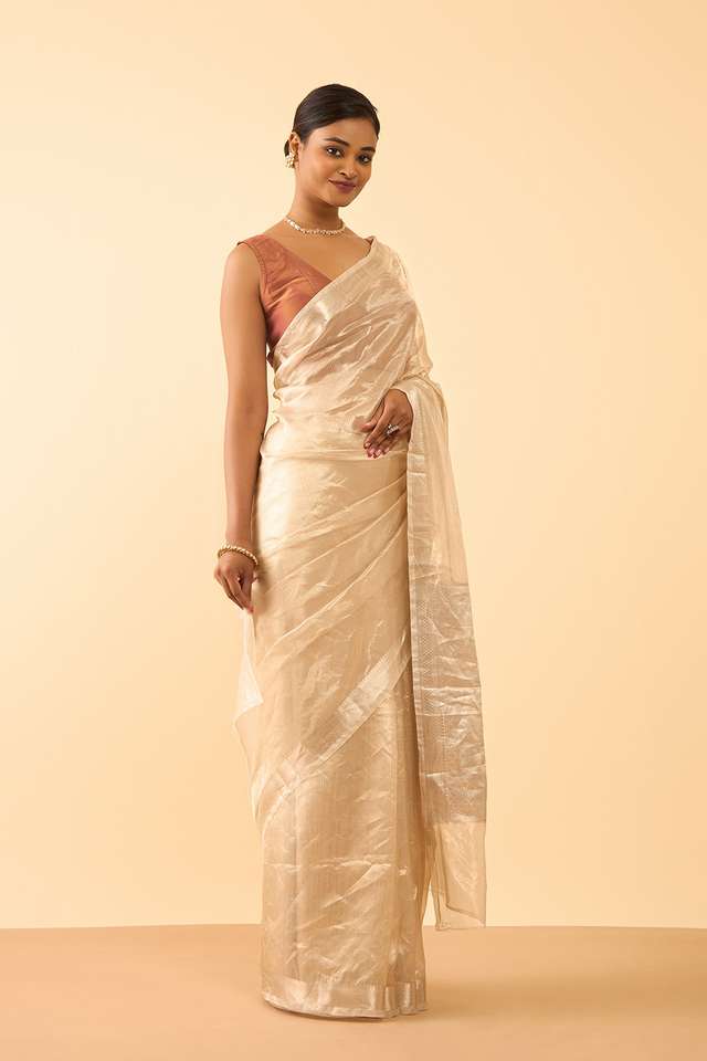 Off White Pure Tissue Organza Woven Banaras Saree thumbnail image number null