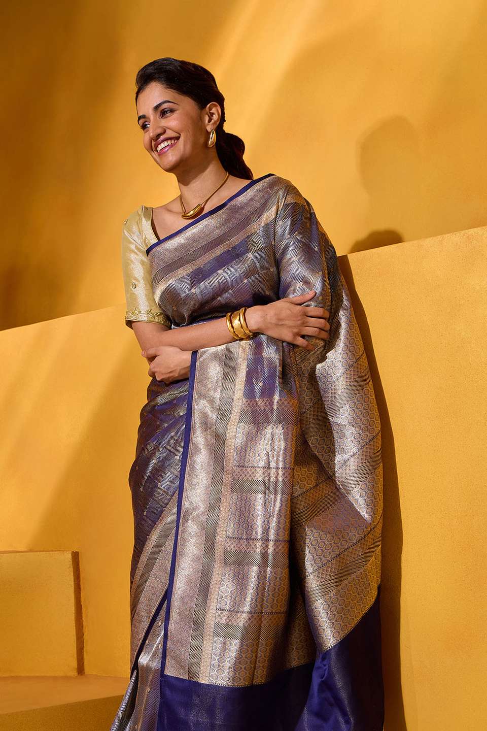 Dark Blue Pure Silk Tissue Brocade Banaras Saree