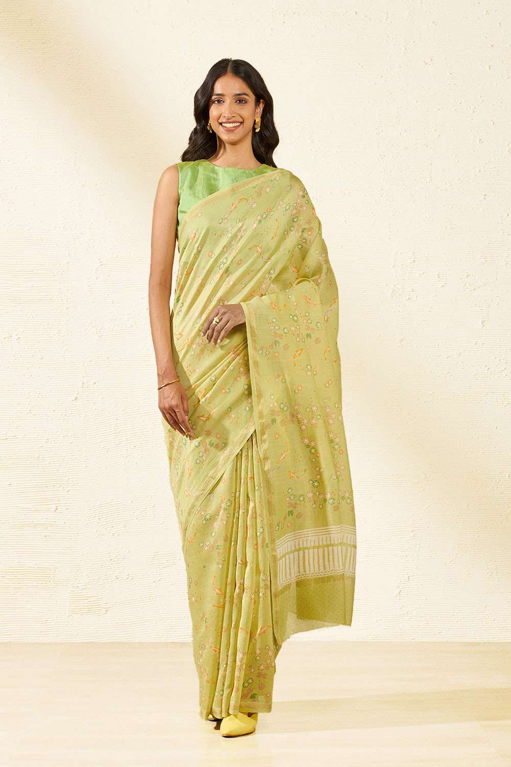 Light Green Bagru Screen Printed Pure Silk Cotton Saree image number null