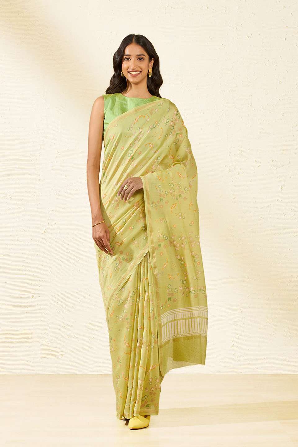 Light Green Bagru Screen Printed Pure Silk Cotton Saree