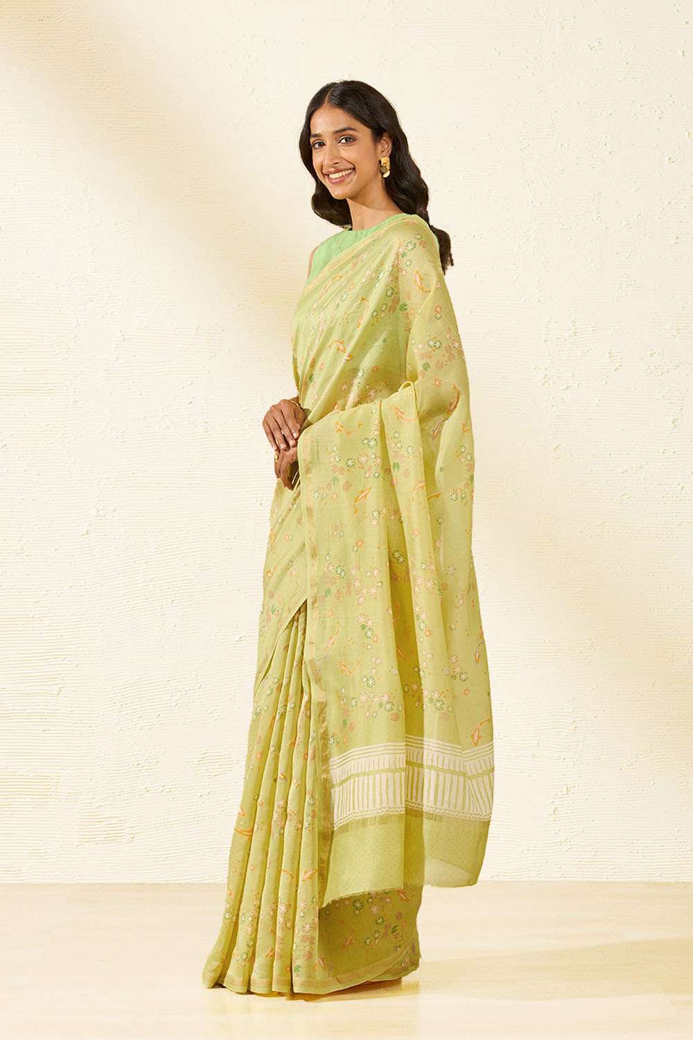 Light Green Bagru Screen Printed Pure Silk Cotton Saree image number null