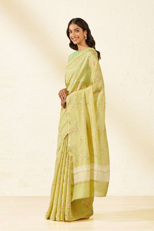 Light Green Bagru Screen Printed Pure Silk Cotton Saree thumbnail image number null