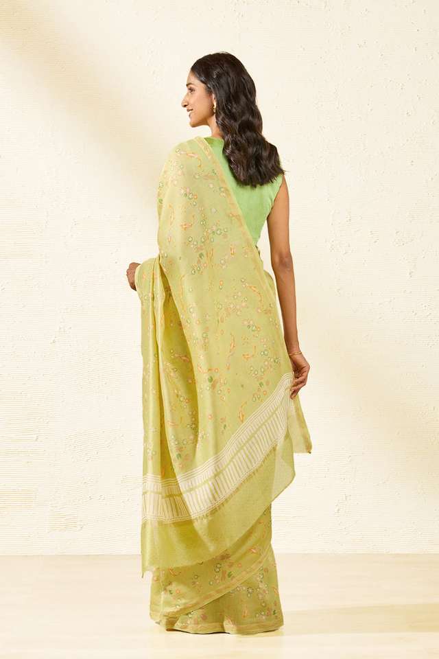 Light Green Bagru Screen Printed Pure Silk Cotton Saree thumbnail image number null