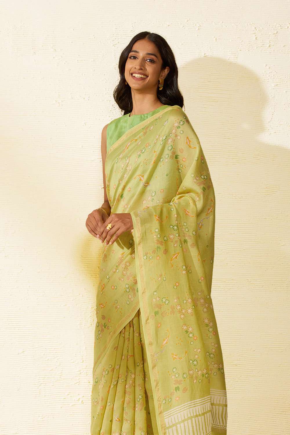 Light Green Bagru Screen Printed Pure Silk Cotton Saree image number null
