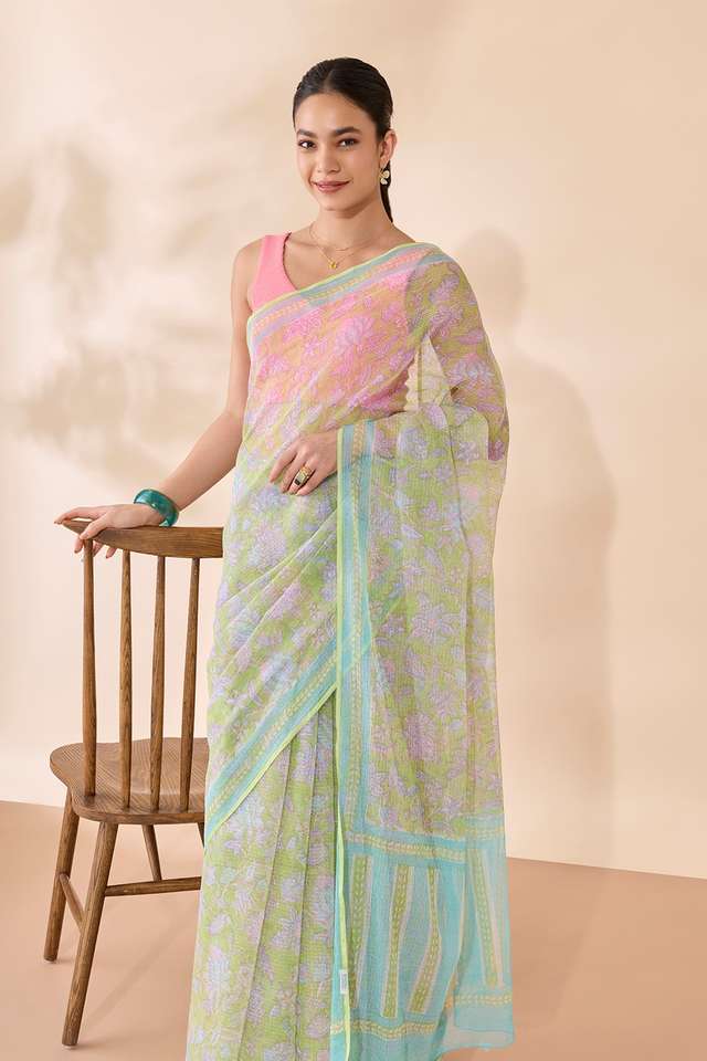 Green Rajasthan Block Printed Pure Cotton Kota Saree image number