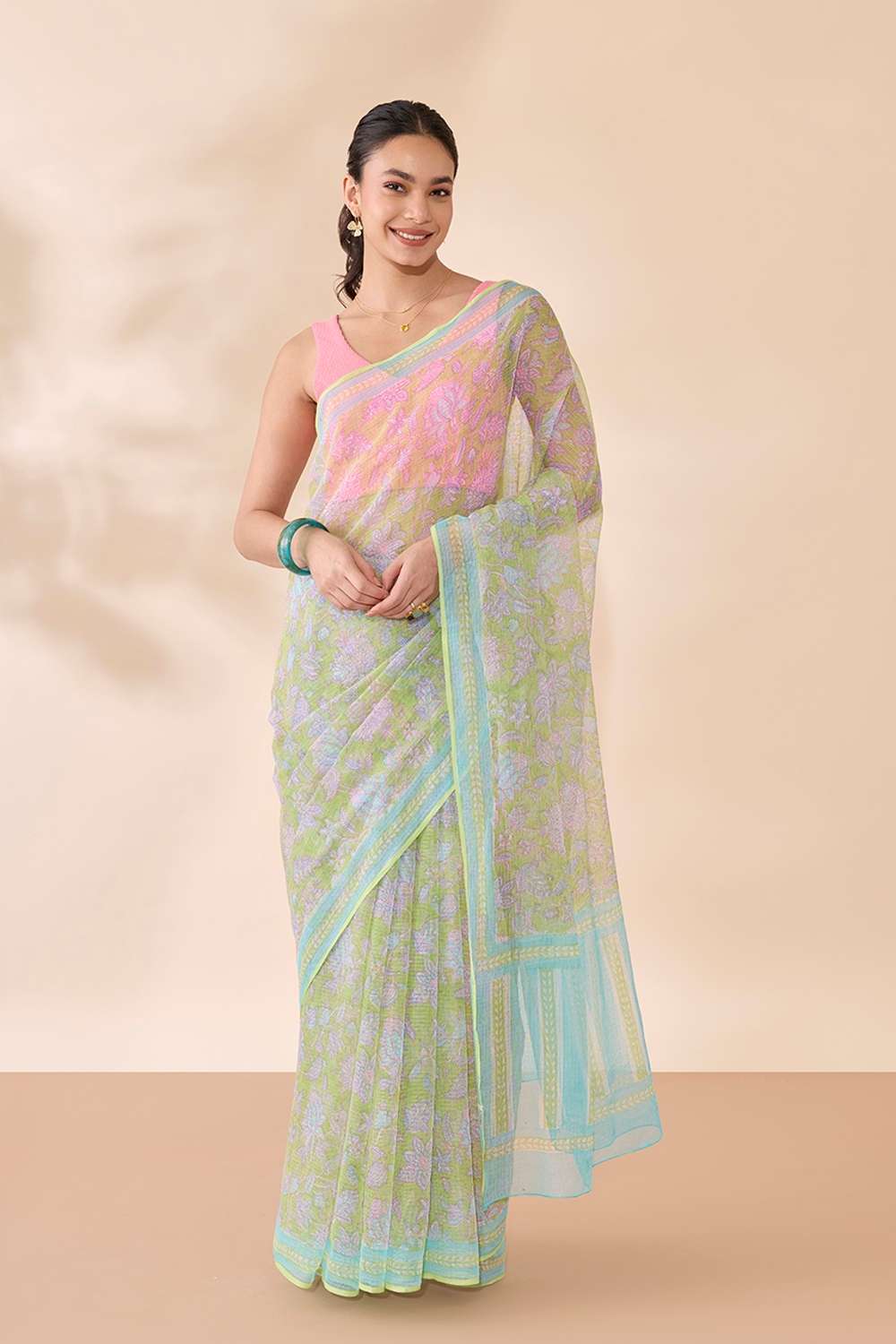 Green Rajasthan Block Printed Pure Cotton Kota Saree image number null