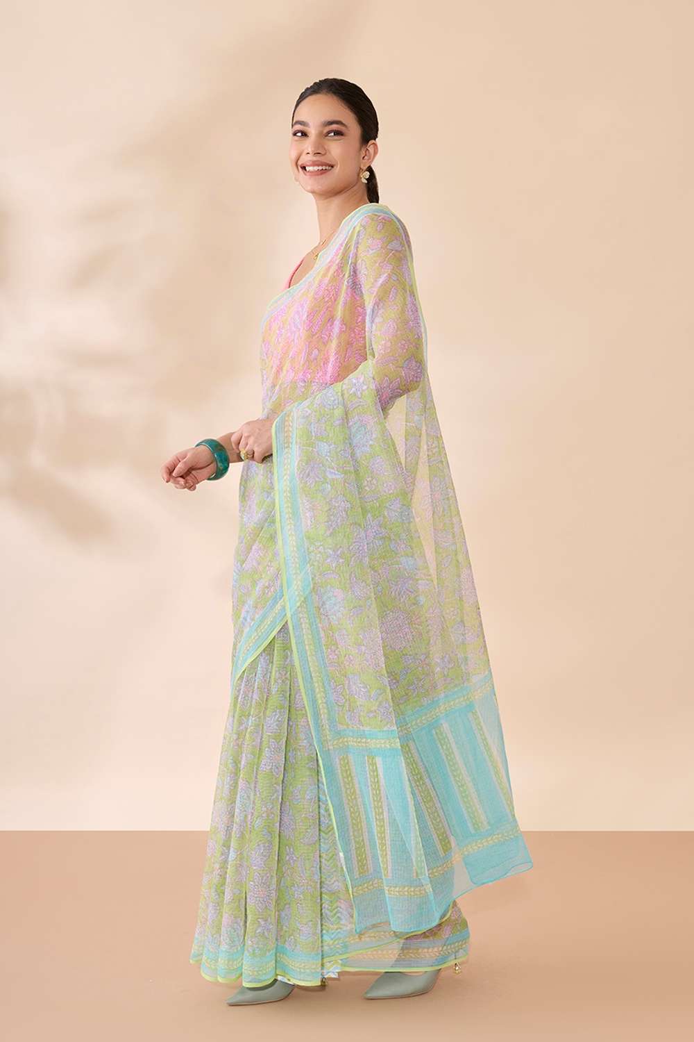 Green Rajasthan Block Printed Pure Cotton Kota Saree image number null